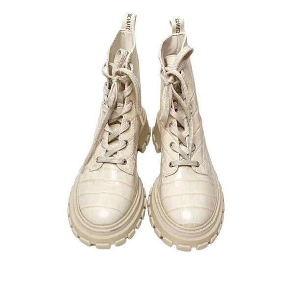 Schutz Orly Croc-Embossed Leather Combat Boot Booties Eggshell Women’s Size 9.5B - Picture 6 of 13